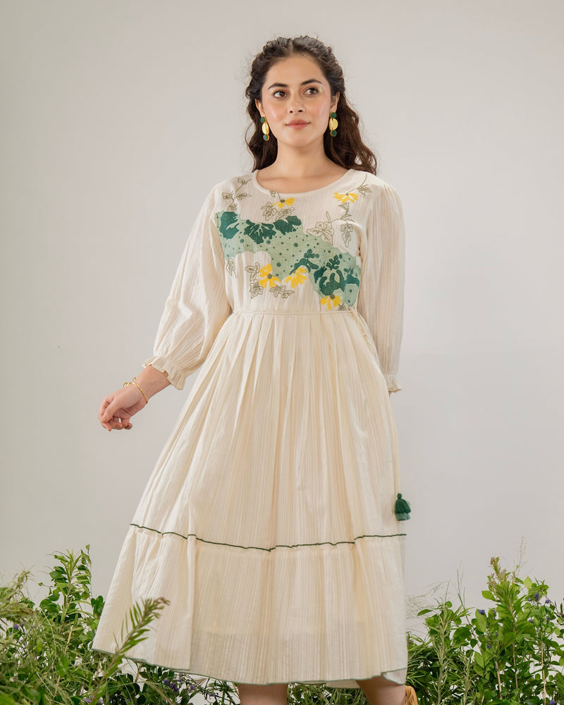 Ivory Botanic Bloom Threadwork Cotton A Line Dress