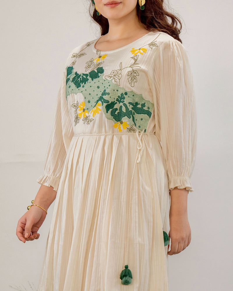 Ivory Botanic Bloom Threadwork Cotton A Line Dress