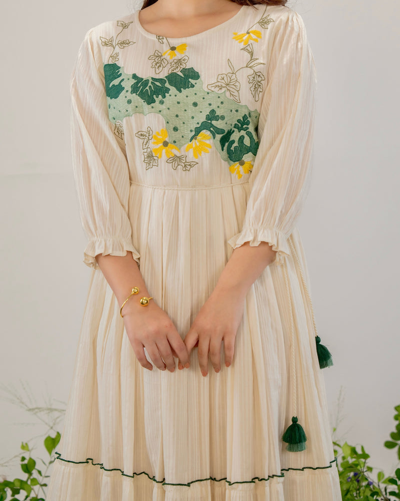 Ivory Botanic Bloom Threadwork Cotton A Line Dress