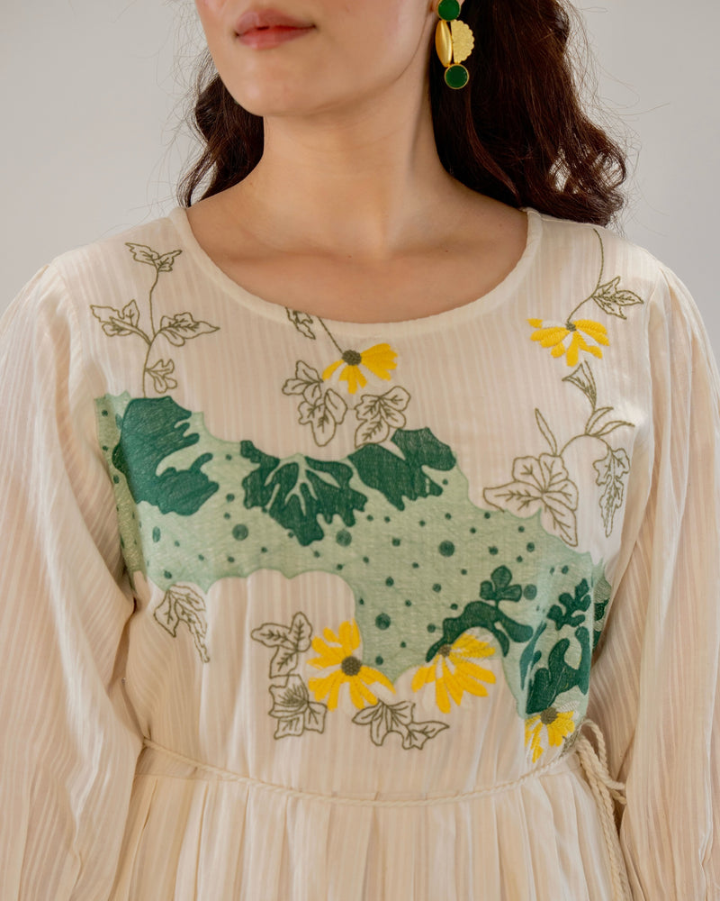 Ivory Botanic Bloom Threadwork Cotton A Line Dress