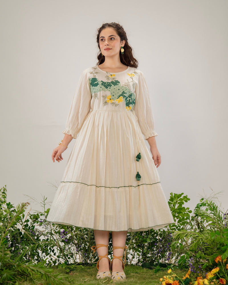 Ivory Botanic Bloom Threadwork Cotton A Line Dress