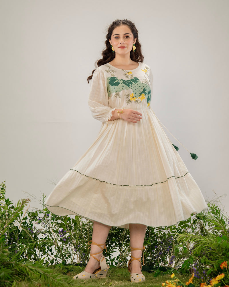 Ivory Botanic Bloom Threadwork Cotton A Line Dress