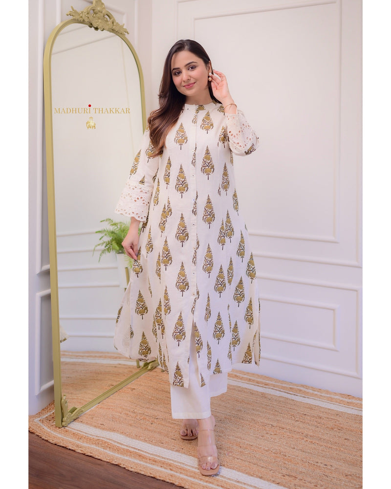 Ivory Brown Leaf Cotton A Line Kurta