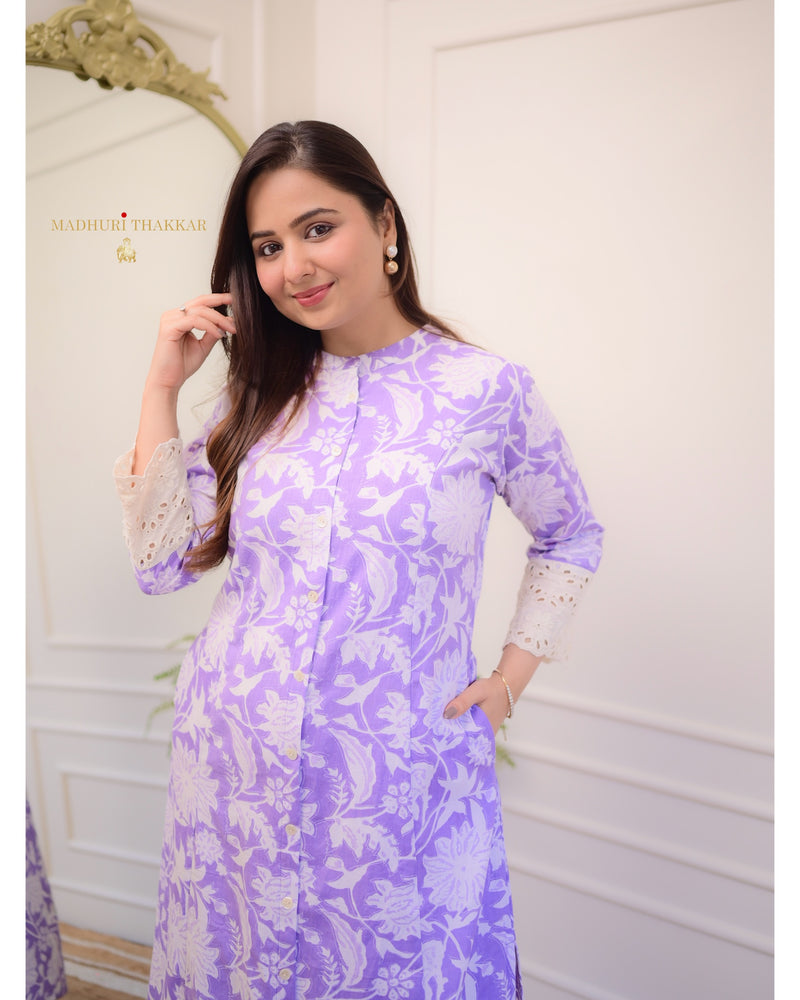 Lavender Floral Cotton A Line Kurta