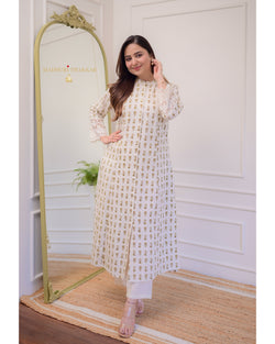Ivory Brown Floral Cotton A Line Kurta