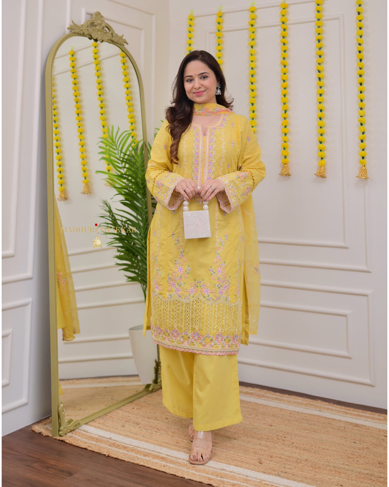 Yellow Pakistani Thread Embroidered Cotton Suit