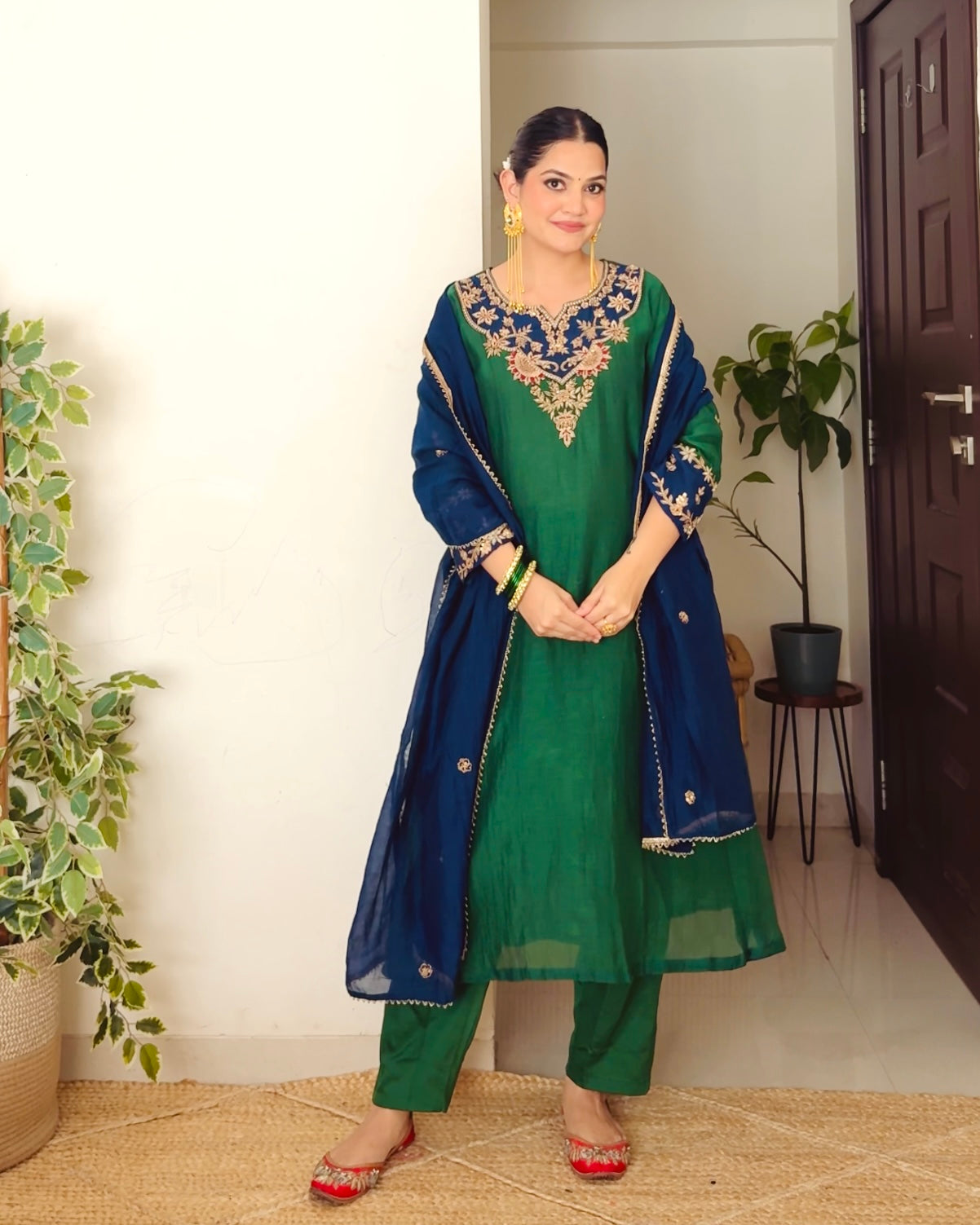 Blue Emerald Noor Handwork Mul Chanderi A Line Festive Suit