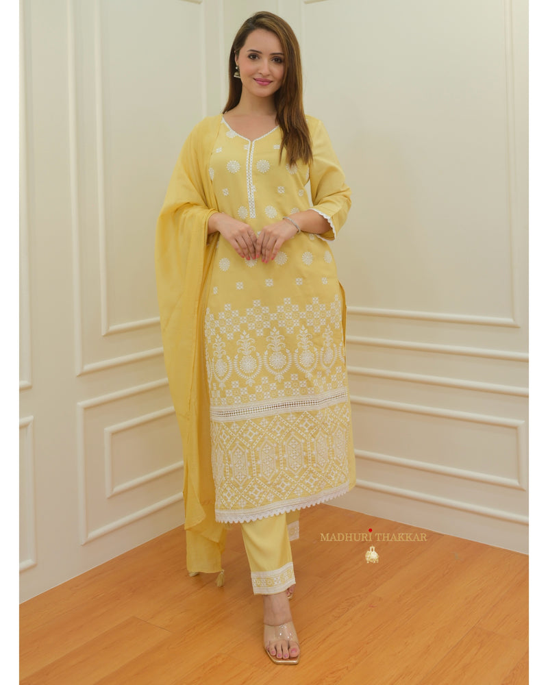 Lemon Yellow Threadwork Chanderi Suit