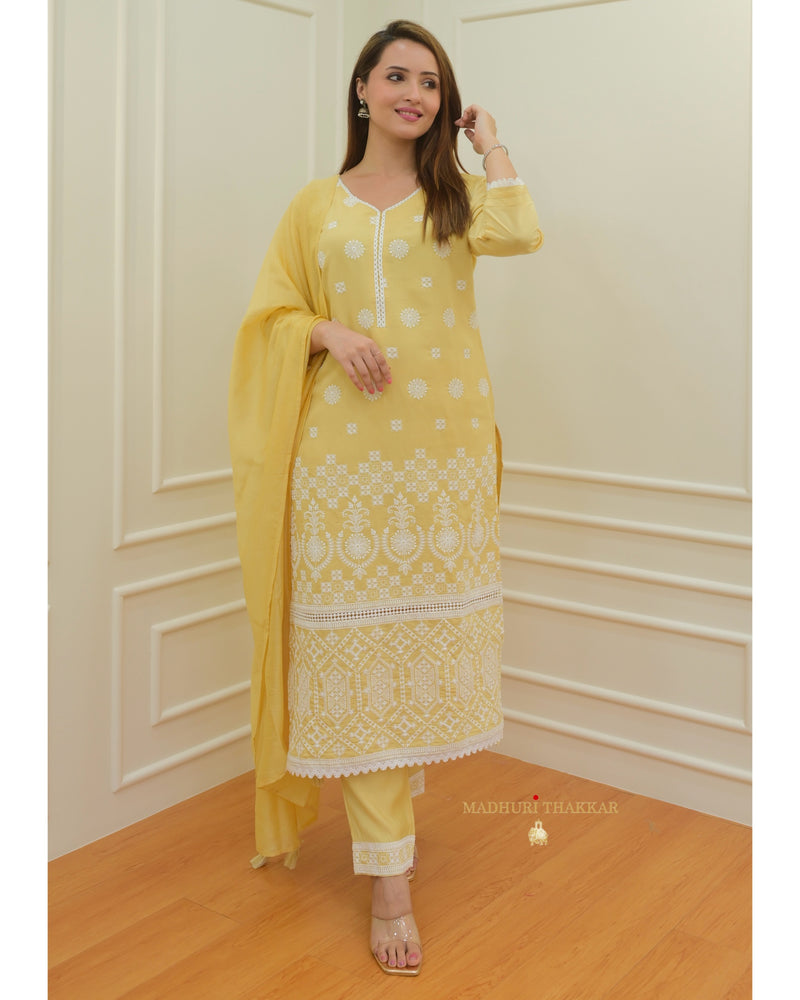 Lemon Yellow Threadwork Chanderi Suit