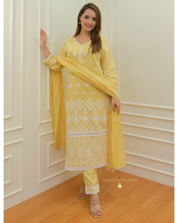 Lemon Yellow Threadwork Chanderi Suit