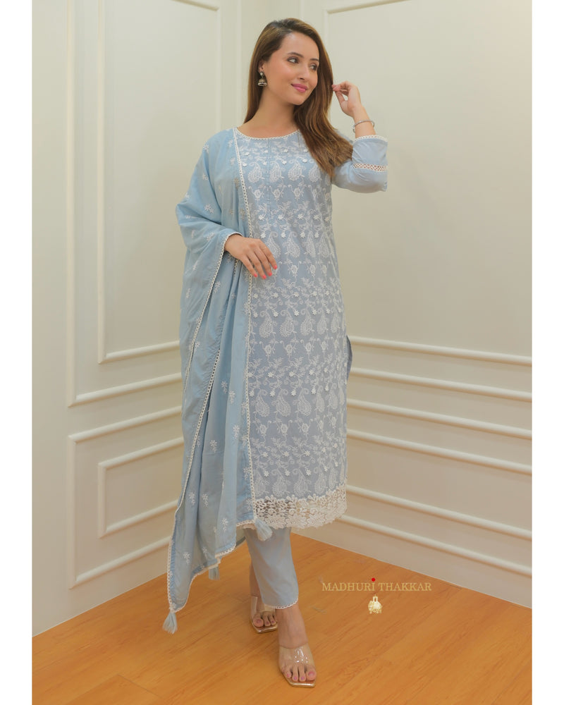 Powder Blue Thread Embroidered Cotton Suit