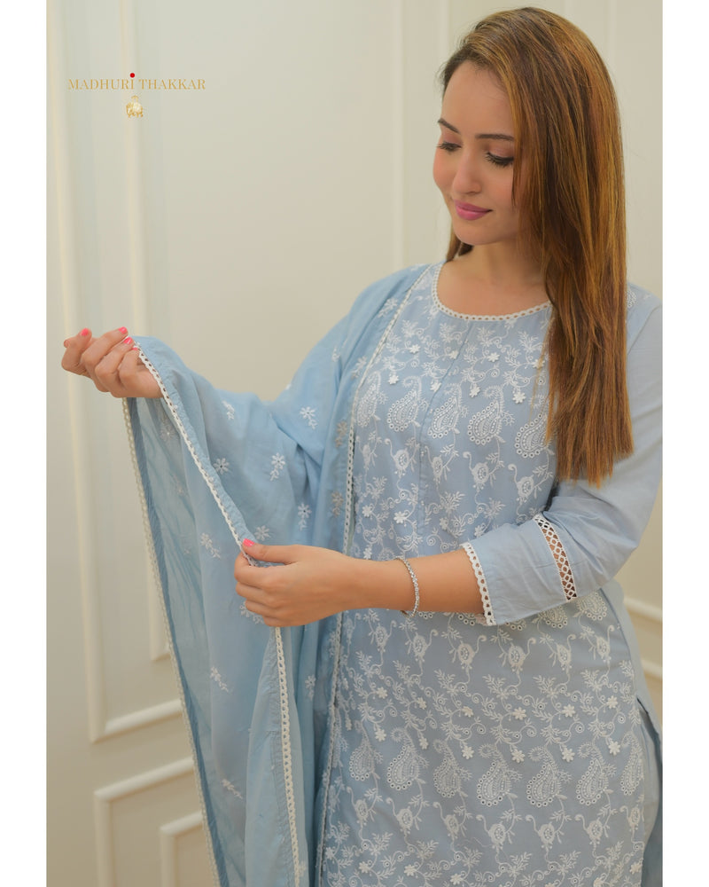 Powder Blue Thread Embroidered Cotton Suit