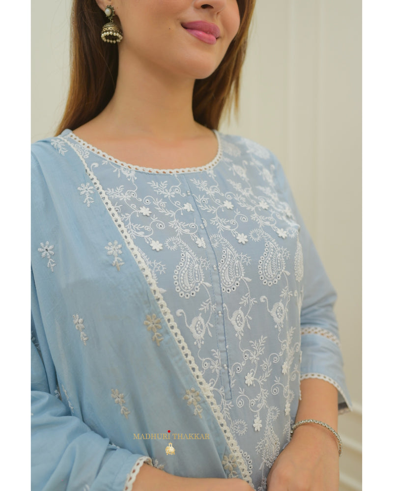 Powder Blue Thread Embroidered Cotton Suit