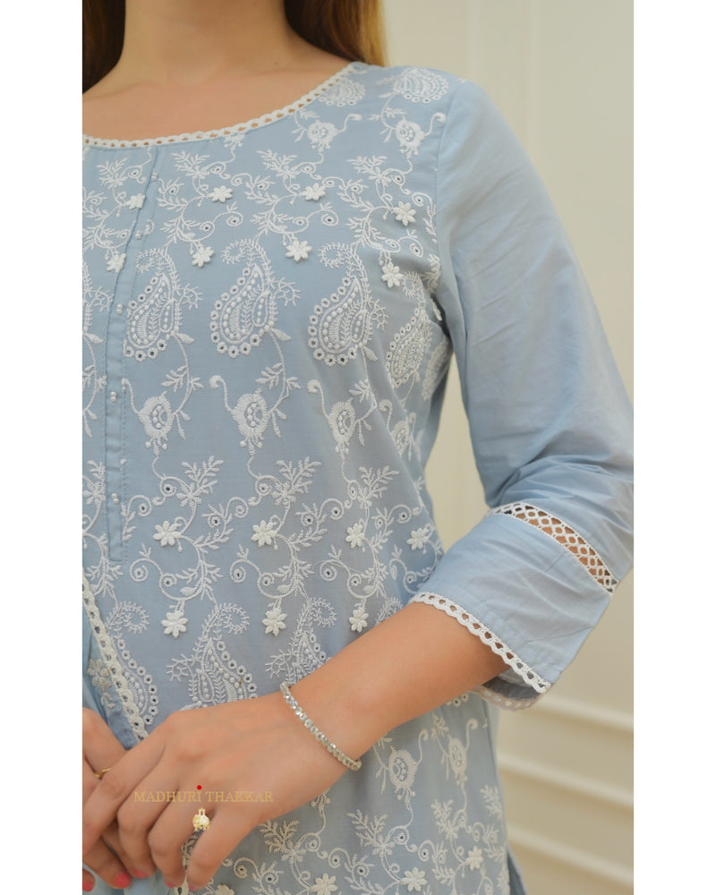 Powder Blue Thread Embroidered Cotton Suit