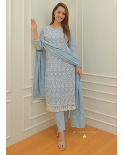 Powder Blue Thread Embroidered Cotton Suit
