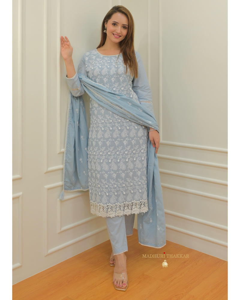Powder Blue Thread Embroidered Cotton Suit