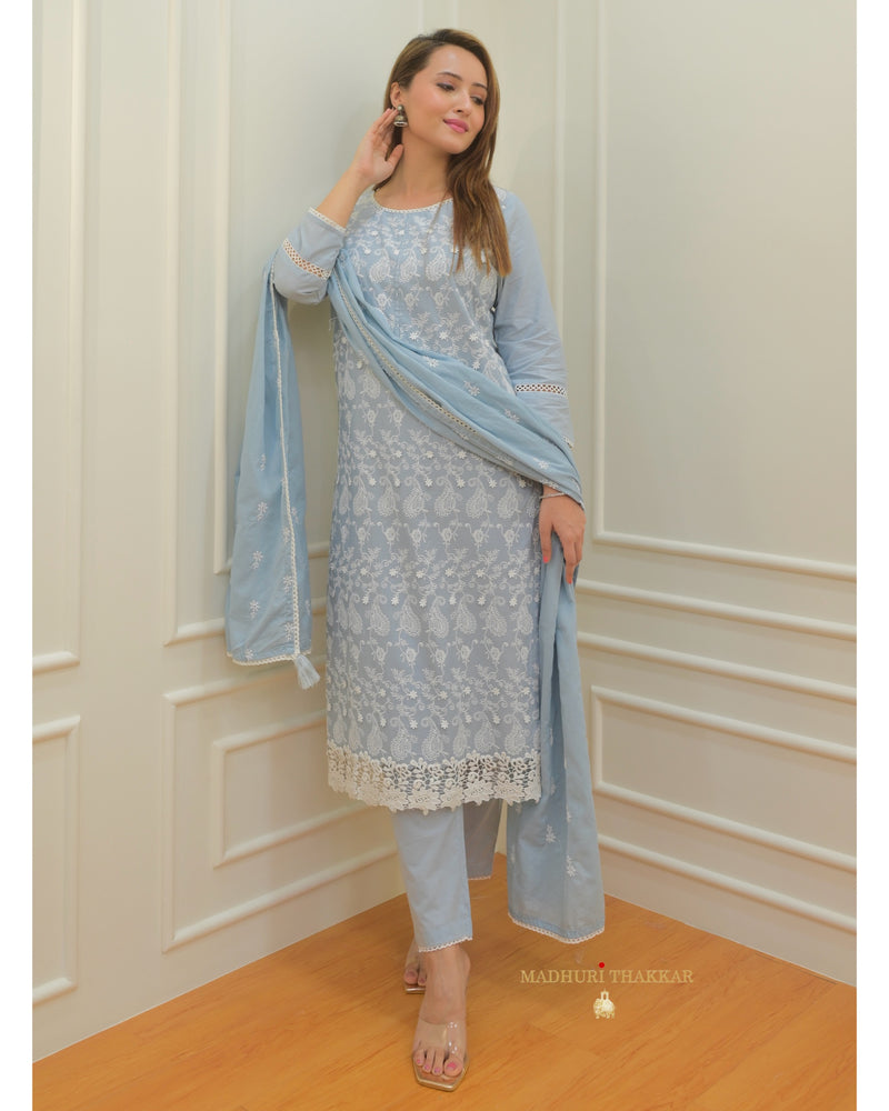 Powder Blue Thread Embroidered Cotton Suit
