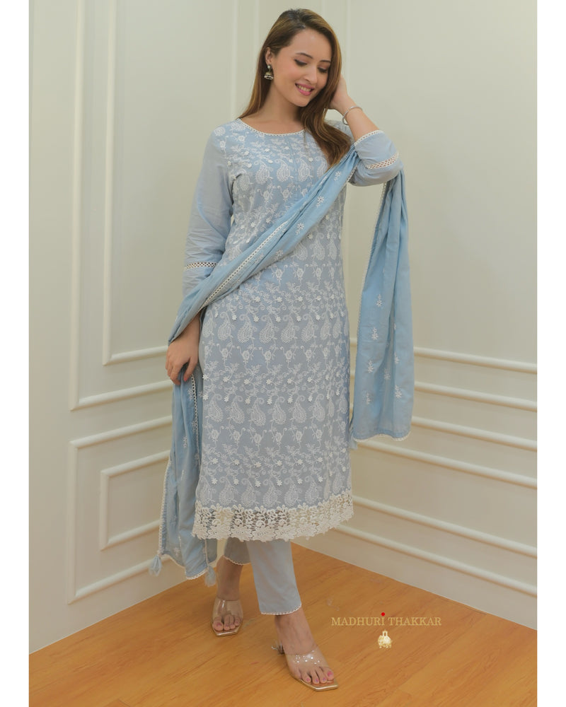 Powder Blue Thread Embroidered Cotton Suit