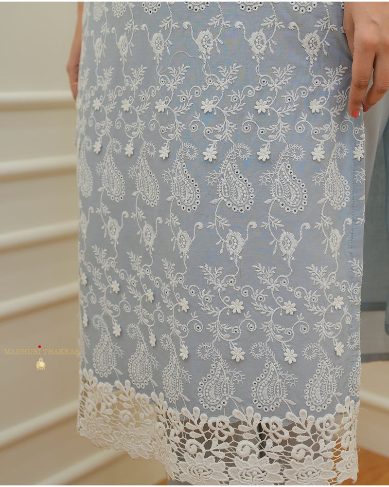 Powder Blue Thread Embroidered Cotton Suit
