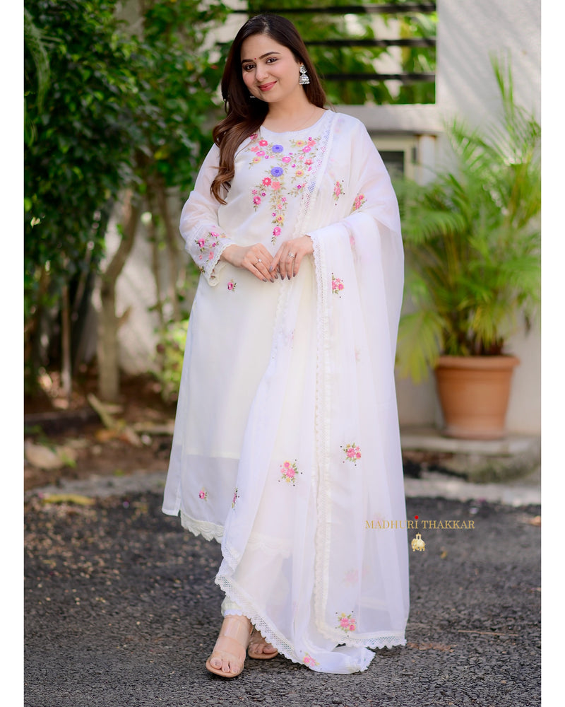 White Threadwork Organza Suit
