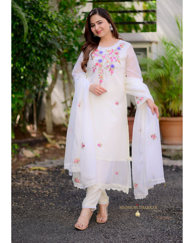 White Threadwork Organza Suit