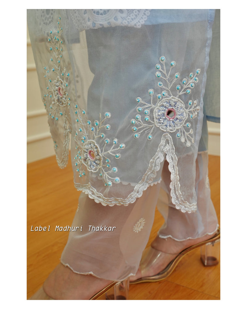 Icy Blue Organza Embroidered Suit