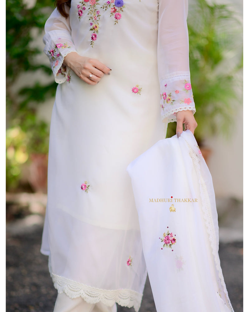 White Threadwork Organza Suit