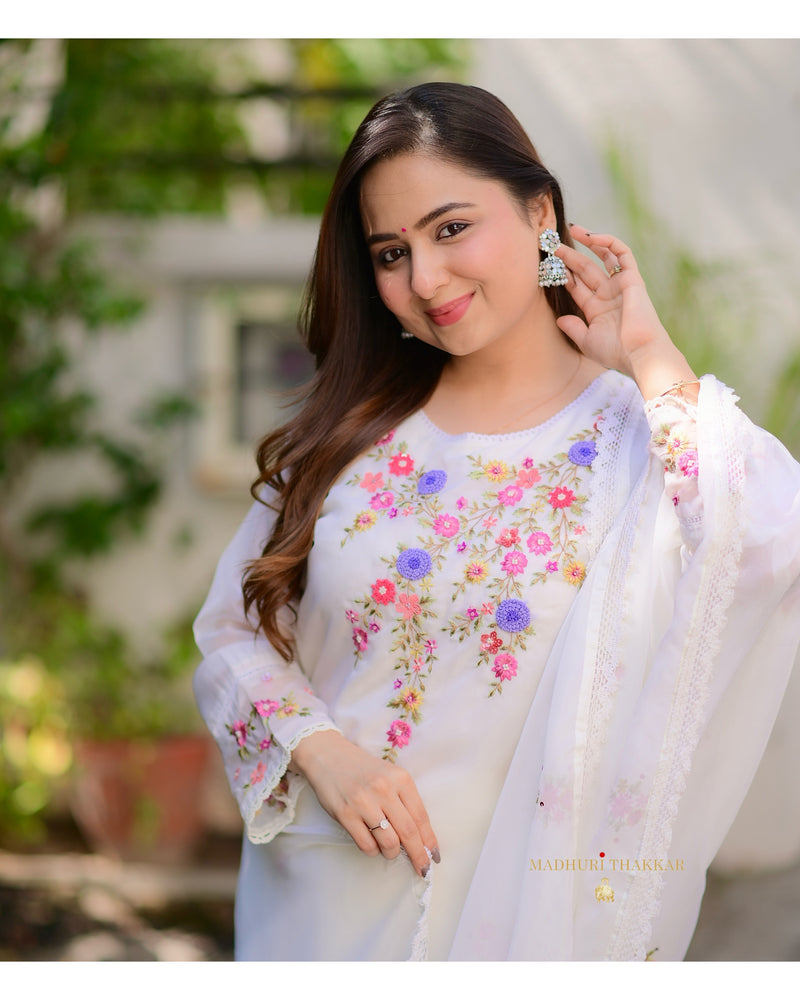 White Threadwork Organza Suit