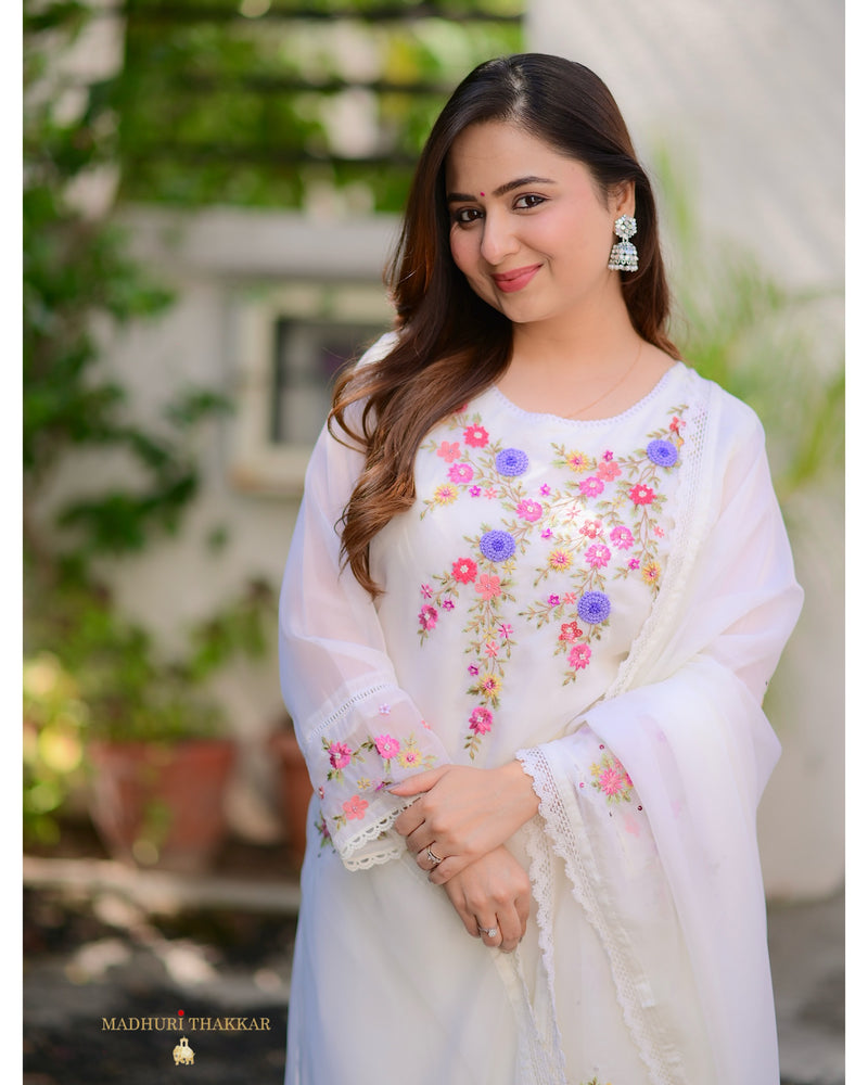White Threadwork Organza Suit
