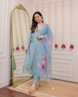 Powder Blue Tissue Handwork Festive Suit