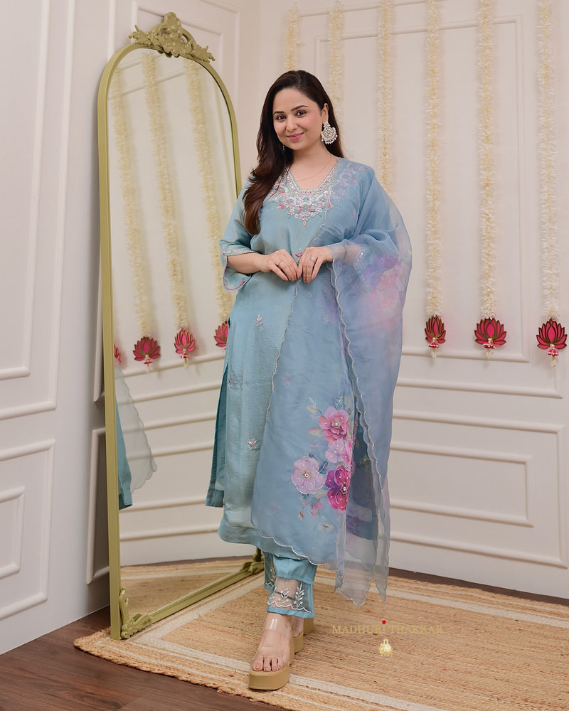 Powder Blue Tissue Handwork Festive Suit