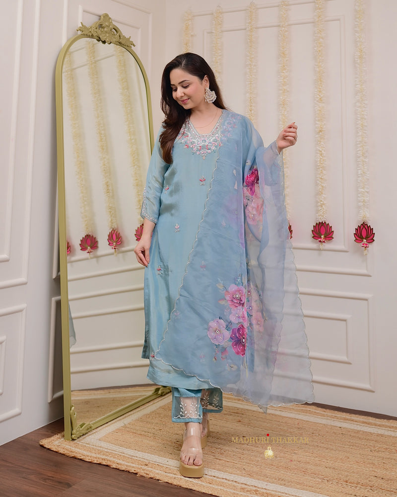 Powder Blue Tissue Handwork Festive Suit