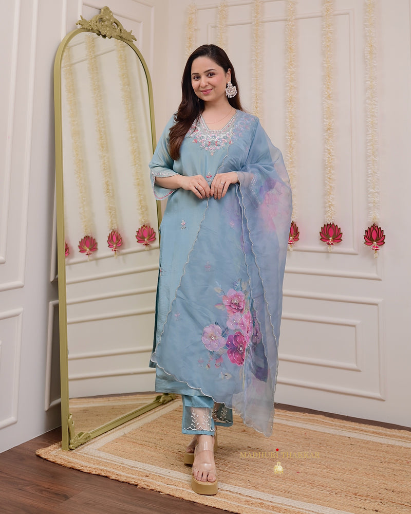 Powder Blue Tissue Handwork Festive Suit