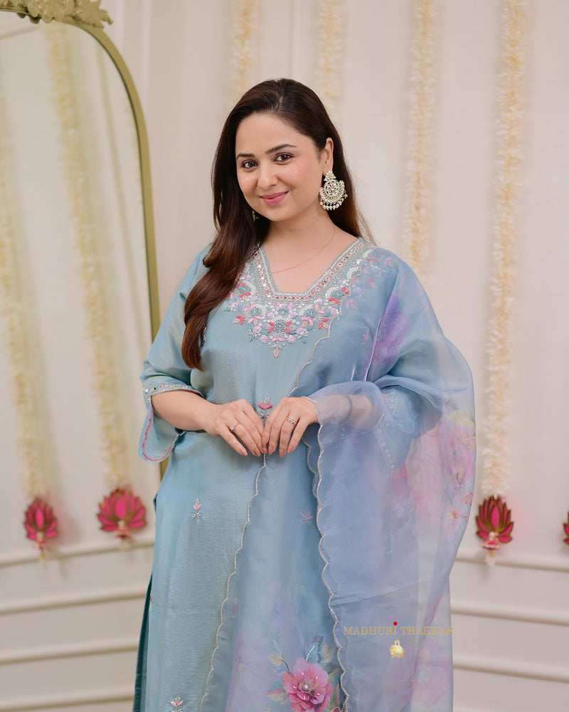 Powder Blue Tissue Handwork Festive Suit