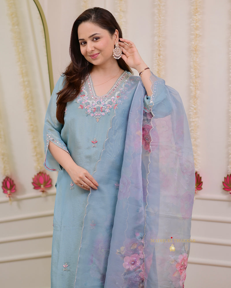 Powder Blue Tissue Handwork Festive Suit
