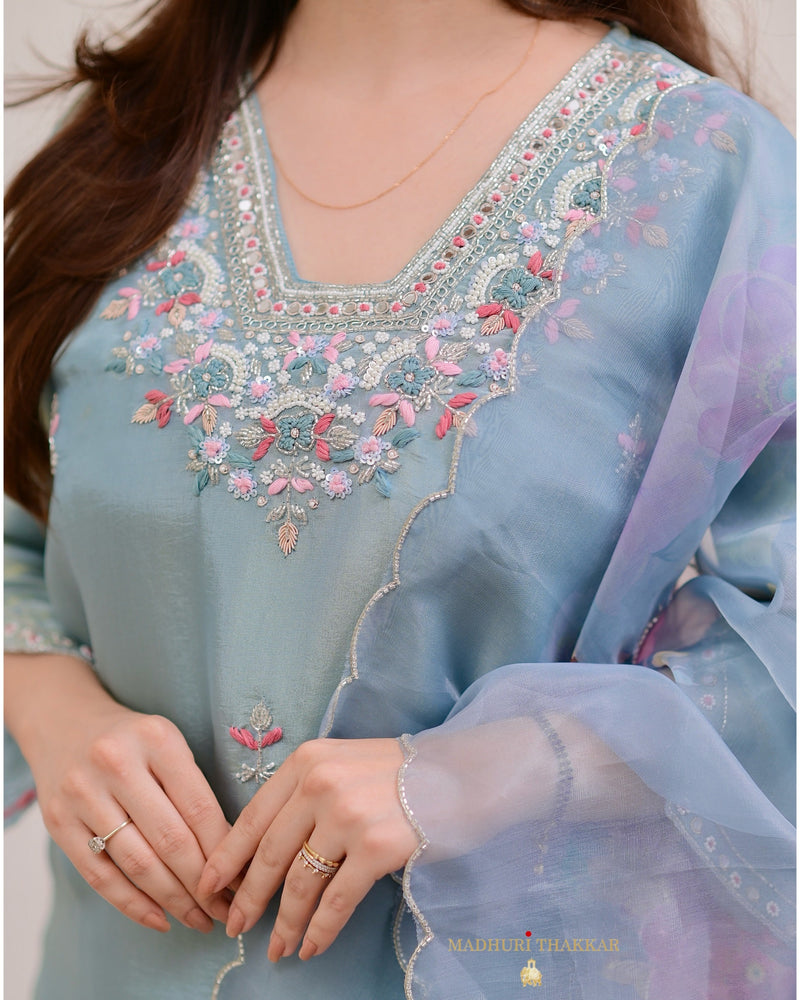 Powder Blue Tissue Handwork Festive Suit