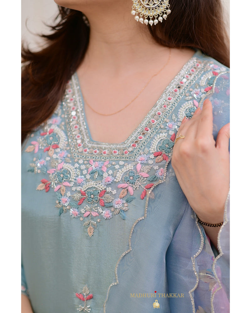 Powder Blue Tissue Handwork Festive Suit