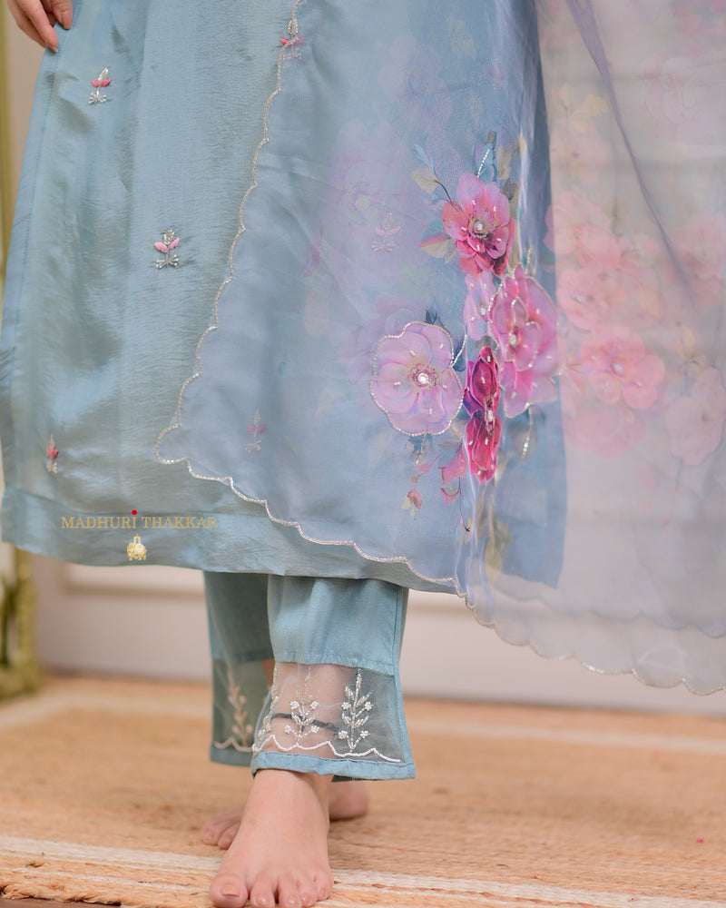 Powder Blue Tissue Handwork Festive Suit