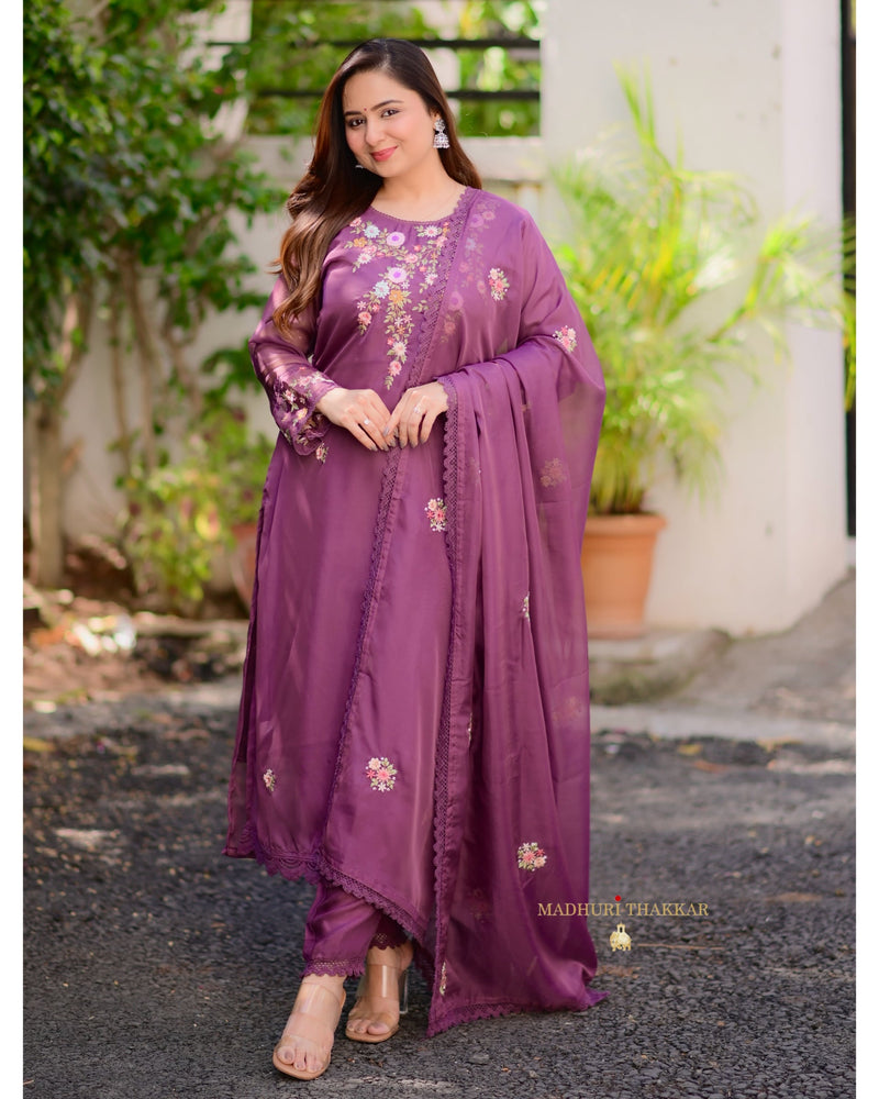 Magenta Threadwork Organza Suit