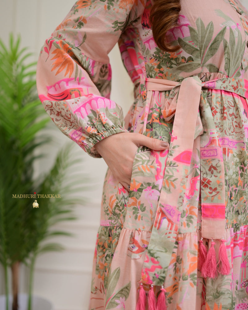 Pink Floral Tiered Belt Linen Dress