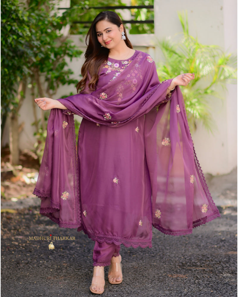 Magenta Threadwork Organza Suit