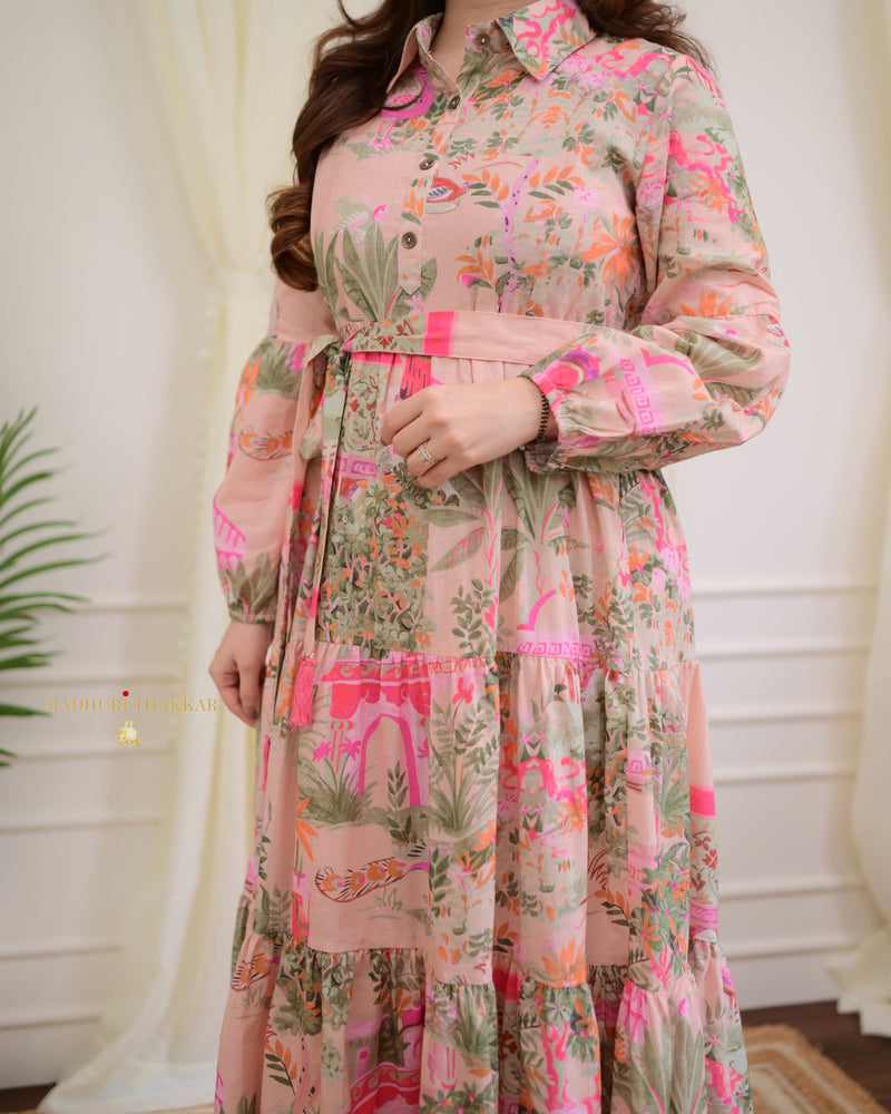 Pink Floral Tiered Belt Linen Dress