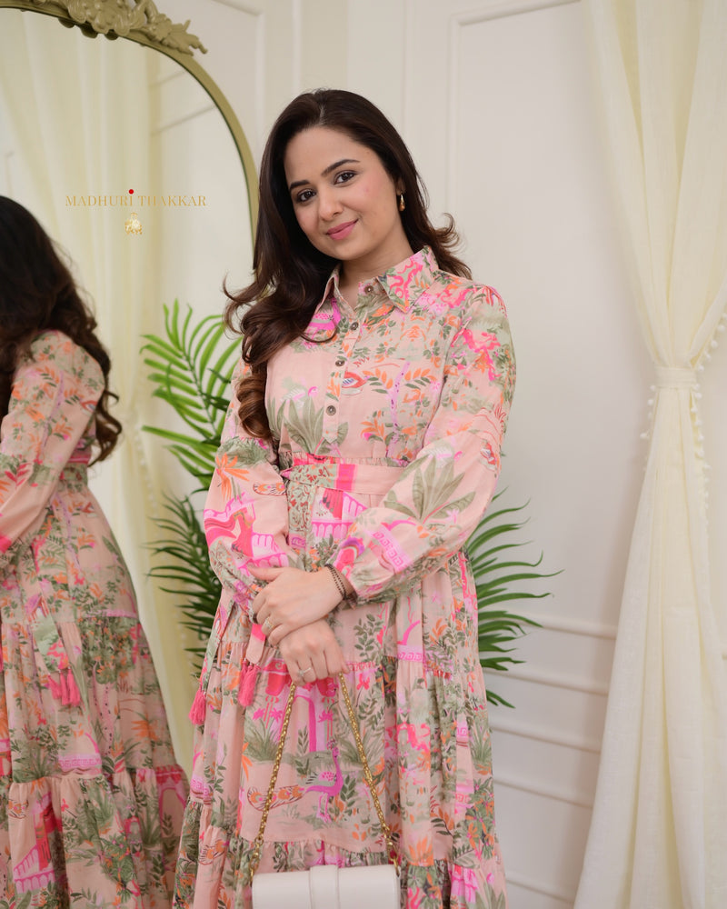 Pink Floral Tiered Belt Linen Dress