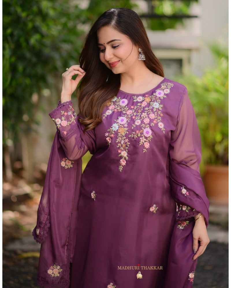 Magenta Threadwork Organza Suit