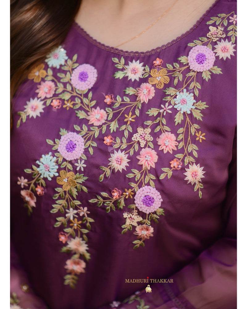 Magenta Threadwork Organza Suit