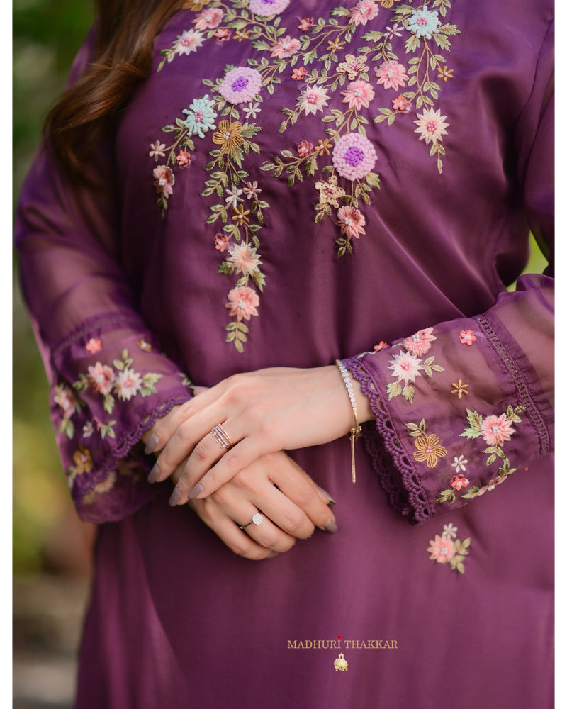 Magenta Threadwork Organza Suit