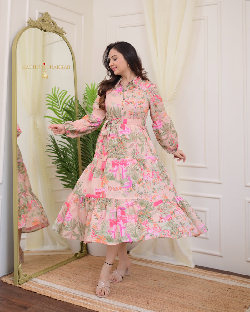 Pink Floral Tiered Belt Linen Dress