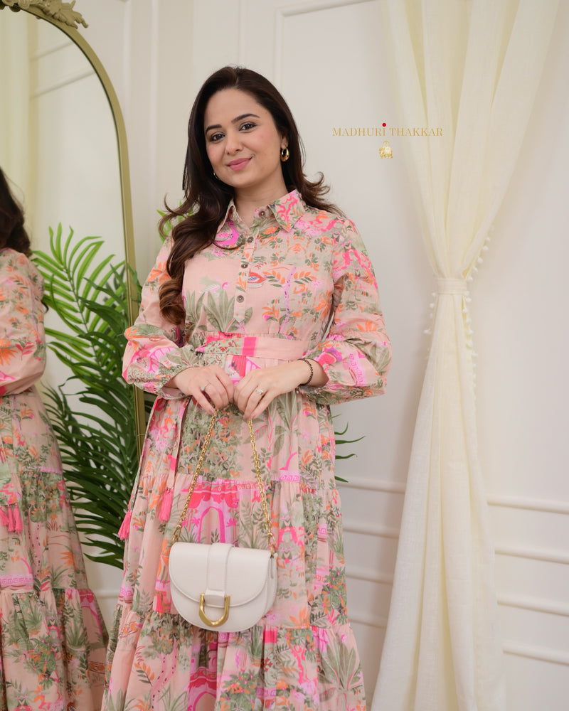 Pink Floral Tiered Belt Linen Dress