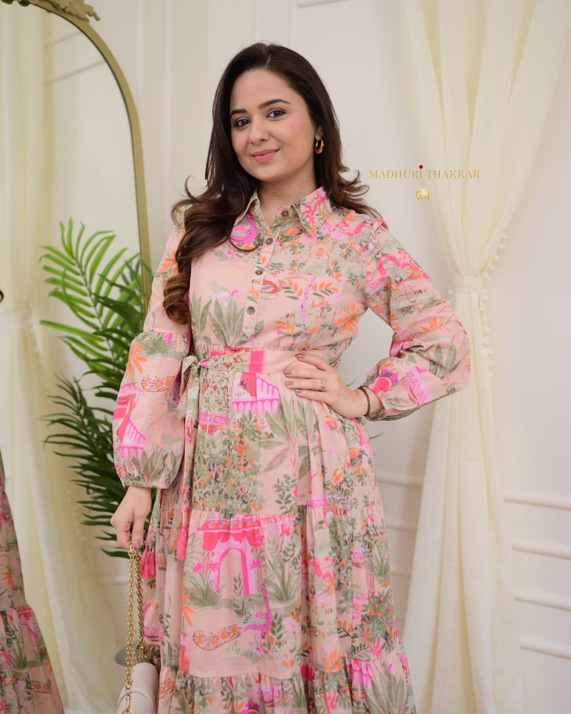 Pink Floral Tiered Belt Linen Dress