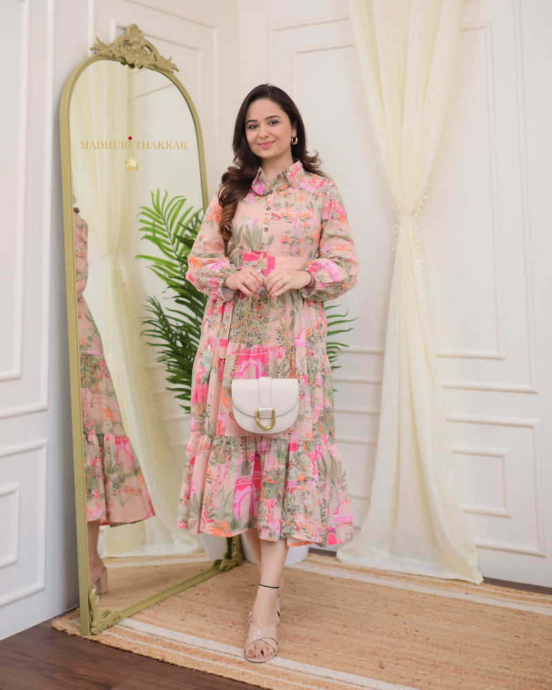 Pink Floral Tiered Belt Linen Dress